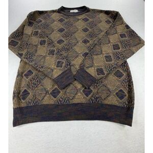 Bellagio Mens XL Cotton Sweater Italian Design Geometric Diamond Knit Brown Blue